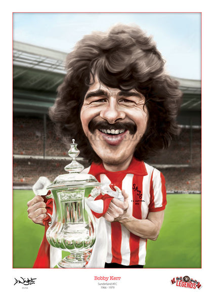 Bobby Kerr Caricature. Red & White Legends. (Sunderland AFC) Limited edition print. (A4 size 297mm x 210mm) or A3 size (420mm x 297mm)