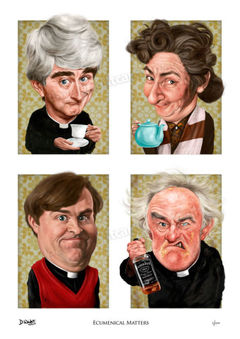 Father Ted 'Ecumenical Matters' Limited edition caricature art print. (A4 size 297mm x 210mm) or A3 size (420mm x 297mm)