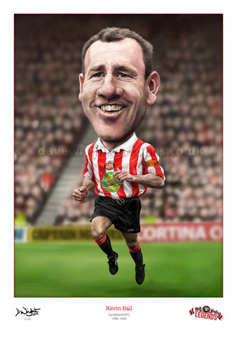 Kevin Ball. Red & White Legends. (Sunderland AFC) Limited edition print. (A4 size 297mm x 210mm) or A3 size (420mm x 297mm)