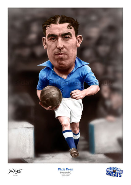 Dixie Dean Caricature. Goodson Greats. (Everton FC) Limited edition print. (A4 size 297mm x 210mm) or A3 size (420mm x 297mm)