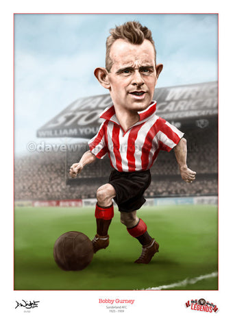 Bobby Gurney Caricature. Red & White Legends. (Sunderland AFC) Limited edition print. (A4 size 297mm x 210mm) or A3 size (420mm x 297mm)
