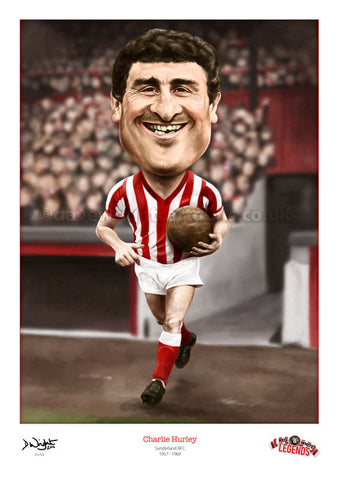 Charlie Hurley Caricature. Red & White Legends. (Sunderland AFC) Limited edition print. (A4 size 297mm x 210mm) or A3 size (420mm x 297mm)