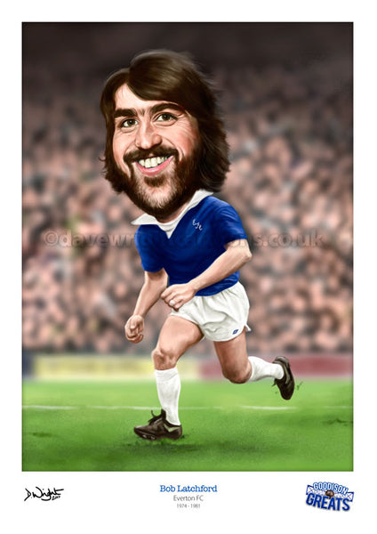 Bob Latchford Caricature. Goodson Greats. (Everton FC) Limited edition print. (A4 size 297mm x 210mm) or A3 size (420mm x 297mm)
