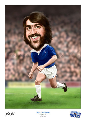 Bob Latchford Caricature. Goodson Greats. (Everton FC) Limited edition print. (A4 size 297mm x 210mm) or A3 size (420mm x 297mm)