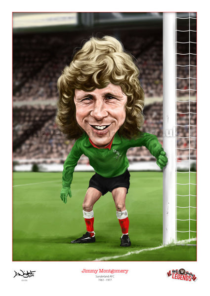 Jimmy Montgomery Caricature. Red & White Legends. (Sunderland AFC) Limited edition print. (A4 size 297mm x 210mm) or A3 size (420mm x 297mm)