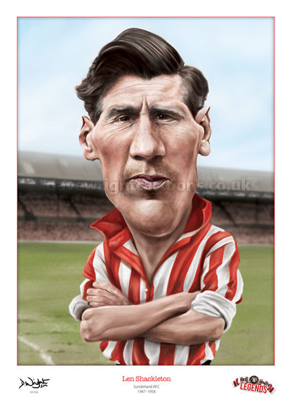 Len Shackleton Caricature. Red & White Legends. (Sunderland AFC) Limited edition print. (A4 size 297mm x 210mm) or A3 size (420mm x 297mm)