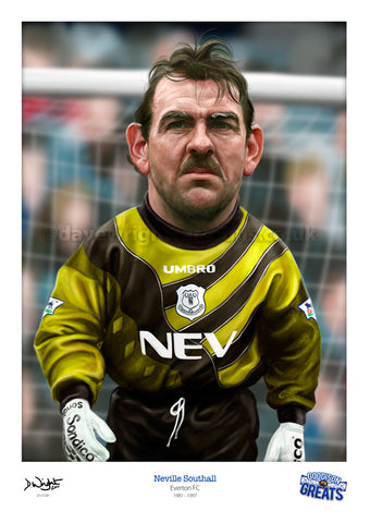 Neville Southall Caricature. Goodson Greats. (Everton FC) Limited edition print. (A4 size 297mm x 210mm) or A3 size (420mm x 297mm)