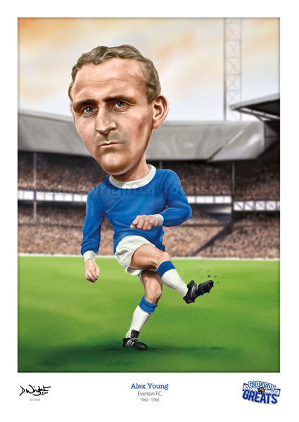 Alex Young Caricature. Goodson Greats. (Everton FC) Limited edition print. (A4 size 297mm x 210mm) or A3 size (420mm x 297mm)